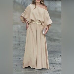 CHICME Women’s Off-Shoulder Lantern Sleeve Top and Wide Leg Pant Set